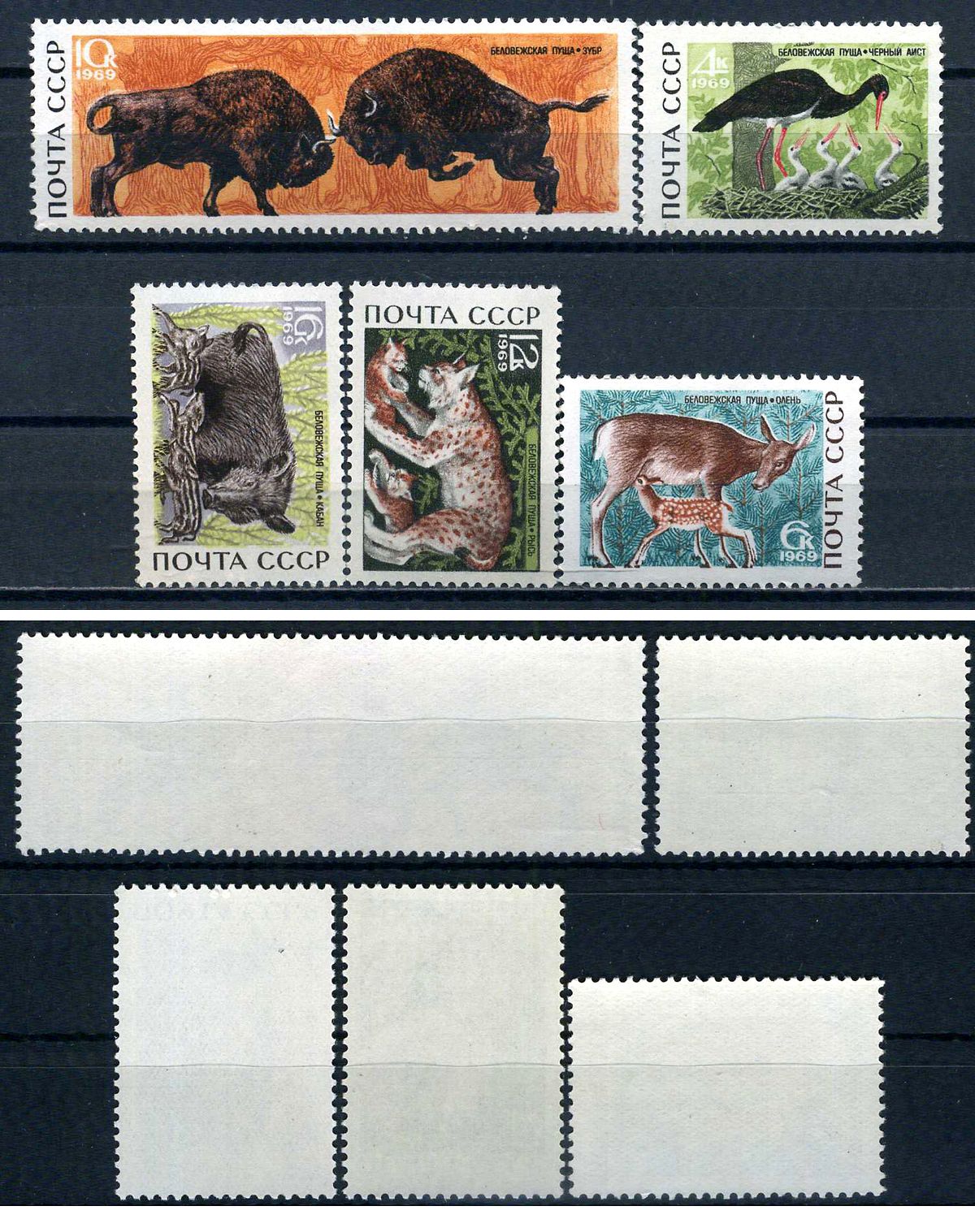 СССР набор из 5 марок (4, 6, 10, 12 и 16 копеек) 1969 Беловежская пуща - черный аист, олень, зубры, рысь, кабан Загорский 3717, 3718, 3719, 3720, 3721    марка с оригинальным клеем, без следов наклейки (чистая) 8707-1-8-2