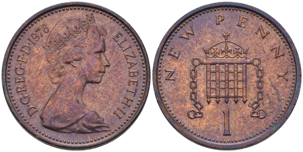 Великобритания 1 пенни 1976 Елизавета II (1952-2022) KM 915, Spink 4237 (B1) бронза 67-825