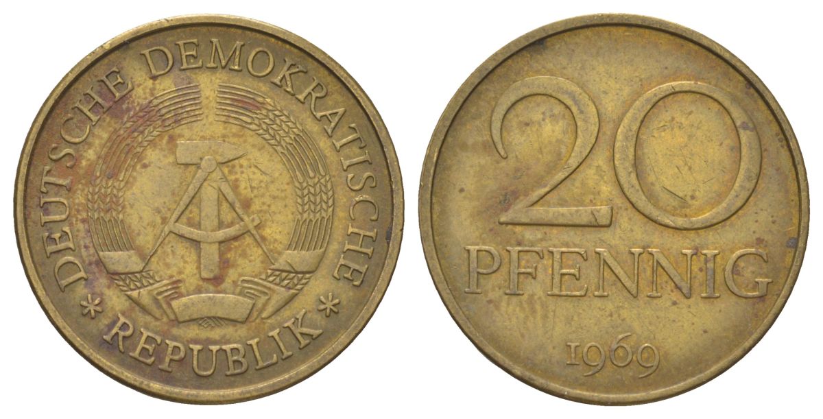 ГДР 20 пфеннигов 1969 A KM 11 латунь 4627-939