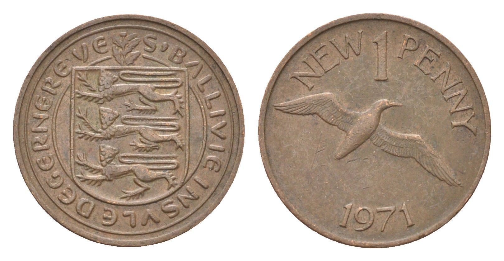 Гернси 1 новый пенни 1971 Елизавета II (1952-2022), северная олуша в полете KM 21 бронза 4702-745