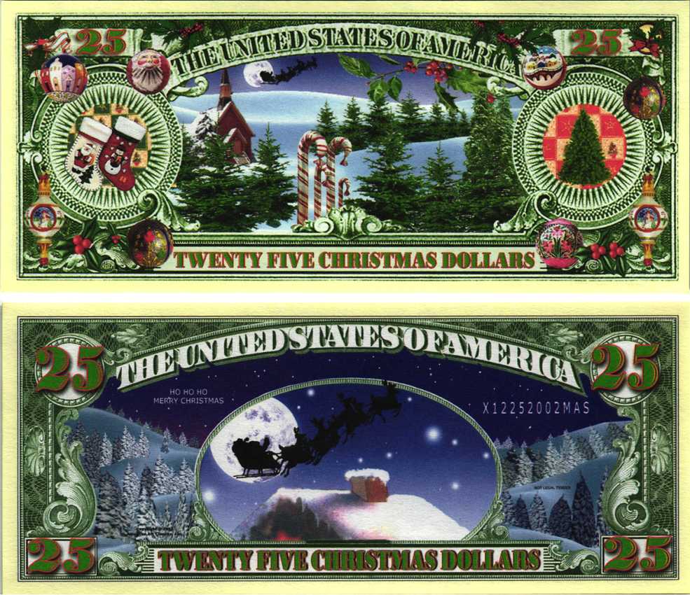 США 25 РОЖДЕСТВЕНСКИХ ДОЛЛАРА ND СУВЕНИРНАЯ БАНКНОТА, САНТА КЛАУС НА УПРЯЖКЕ ОЛЕНЕЙ, ПОДАРКИ, ЁЛОЧНЫЕ УКРАШЕНИЯ, КОНФЕТЫ, ЁЛКИ бумага UNC (ПРЕСС) 7198-37-3-2