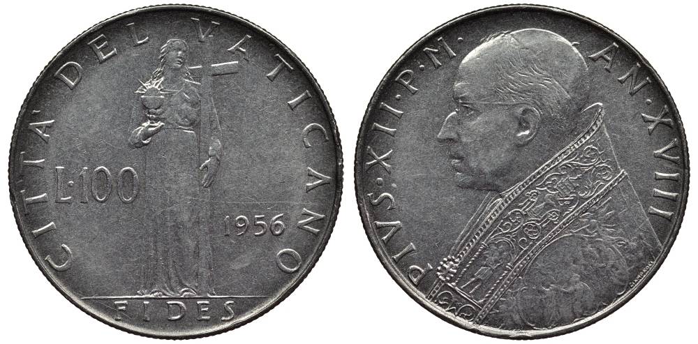 ВАТИКАН 100 ЛИР 1956 XVII ГОД ПРАВЛЕНИЯ ПАПЫ ПИЯ XII (1939-1958) KM 55 нержавеющая сталь 4545-1213