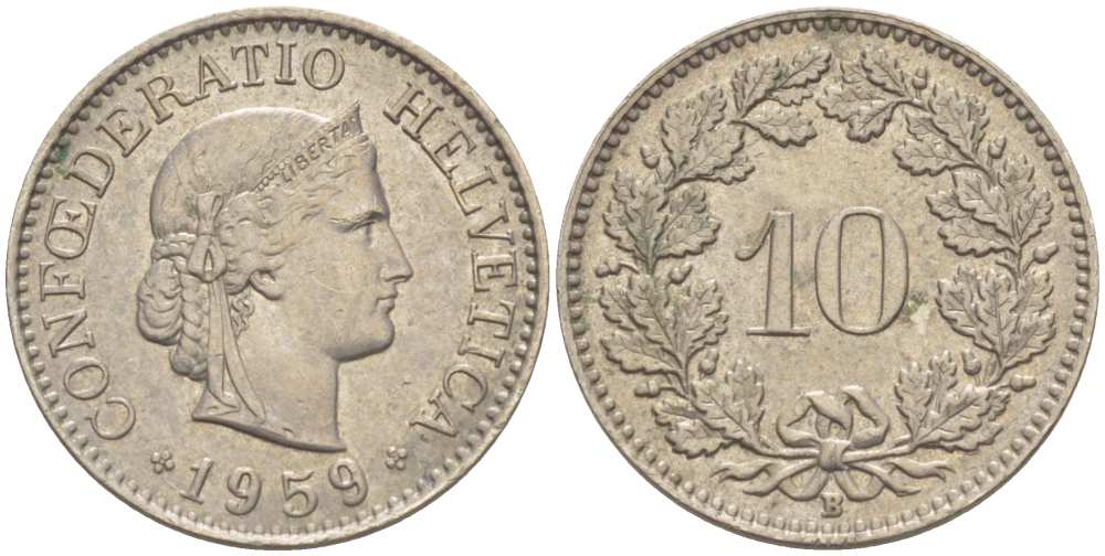 ШВЕЙЦАРИЯ 10 РАППЕНОВ 1959 В KM 27 медно-никель 39-953