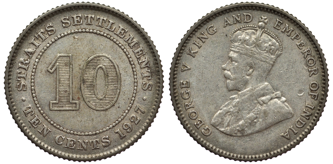 Стрейтс-Сетлментс 10 центов 1927 Георг V (1910-1936) КМ 29b серебро 53-644