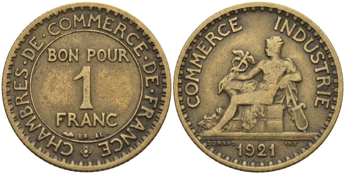Франция 1 франк 1921 KM 876, Le Franc 218.5 алюминиевая бронза 4142-556
