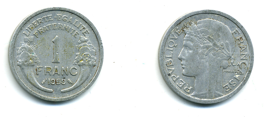 ФРАНЦИЯ 1 ФРАНК 1959 ТИП MORLON, LEGERE KM 885a.1, LE FRANC 221.23 алюминий 84-523