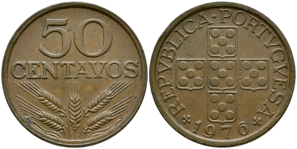 ПОРТУГАЛИЯ 50 СЕНТАВО 1976 KM 596 бронза 4388-652