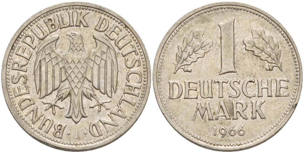 ФРГ 1 МАРКА 1966 J KM 110, J. 385 медно-никель 4551-1251