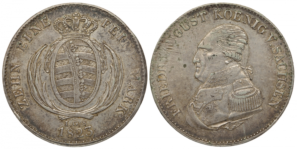 САКСОНИЯ 1 ТАЛЕР 1823 IGS, ФРИДРИХ АВГУСТ I (1806-1827) KM 1091, Jaeger 33, Thun 300, AKS 24, Kahnt 424 серебро 413-4915