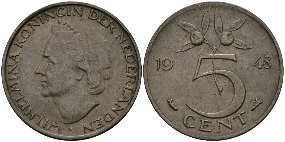 НИДЕРЛАНДЫ 5 ЦЕНТОВ 1948 ВИЛЬГЕЛЬМИНА KM 176 бронза 95-221