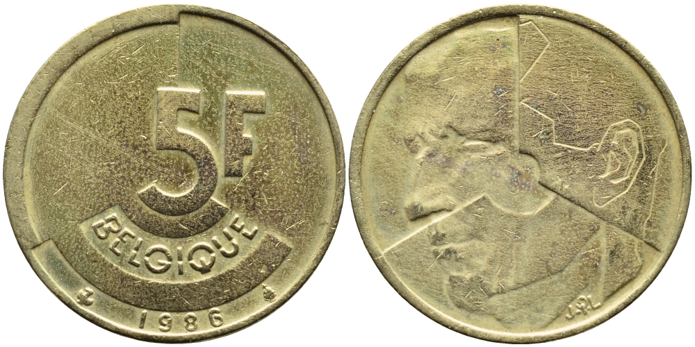 БЕЛЬГИЯ 5 ФРАНКОВ 1986 BELGIQUE KM 163 латунь или алюминевая бронза 4384-934