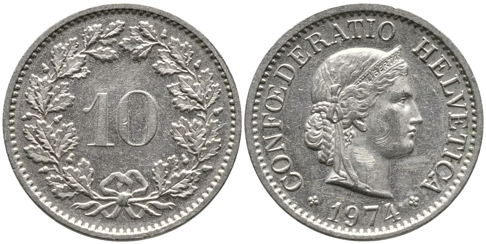 Швейцария 10 раппенов 1974 KM 27 медно-никель 4539-516