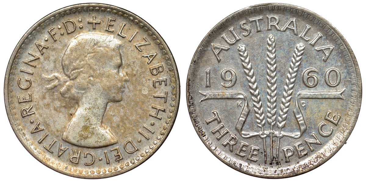 Австралия 3 пенса 1960 m, Елизавета II (1952-2022) KM 57 серебро 71-165