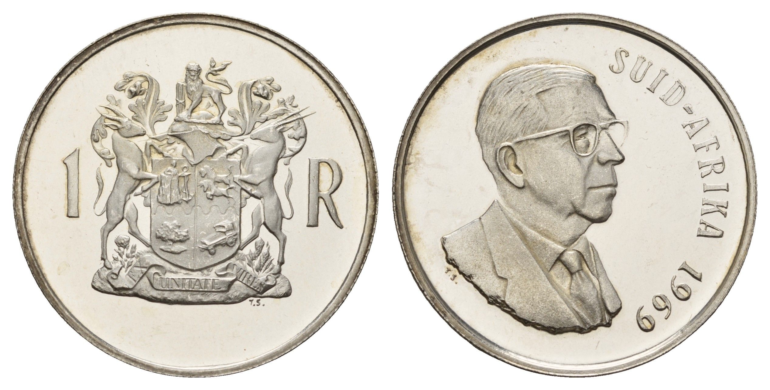 ЮАР 1 ранд 1969 окончание президентства Теофилуса Дёнгеса , SUID-AFRIKA KM 80.2 серебро PROOF 650-1911