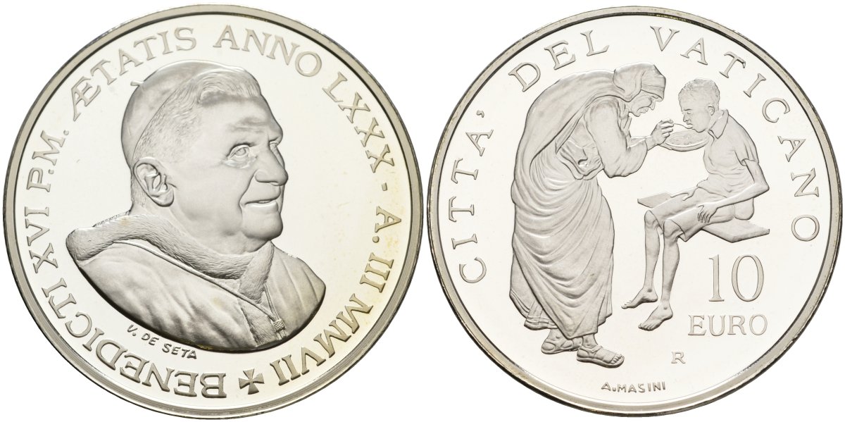 Ватикан 10 евро 2007 Бенедикт XVI, Всемирный день миссионера, в оригинальной коробке, с сертификатом KM 401 серебро PROOF 7-1-42