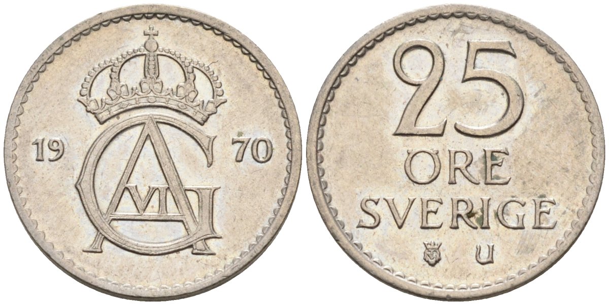 Швеция 25 эре 1970 Густав VI Адольф (1950-1973) KM 836 медно-никель 4585-458