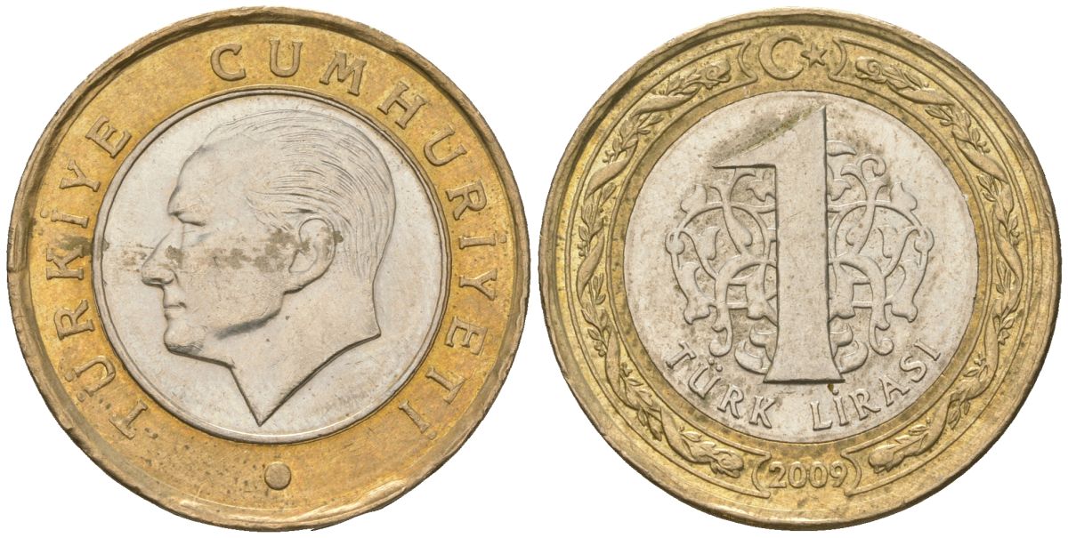 Турция 1 лира 2009 Кемаль Ататюрк KM 1244 биметалл  4610-1151