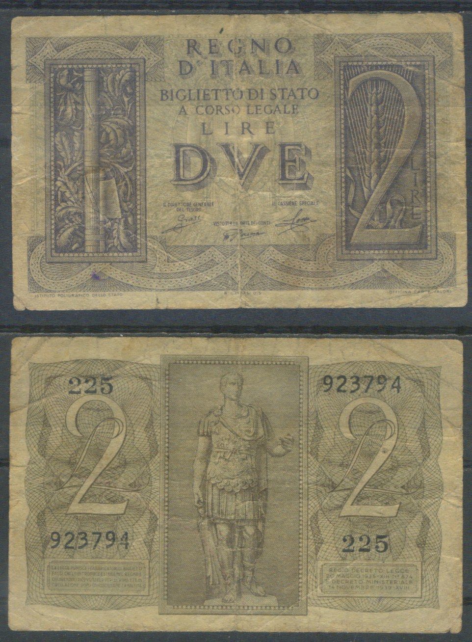 Италия 2 лиры 1939 Pick 27 бумага 8601-20-4-2