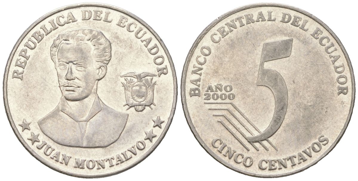 Эквадор 5 сентаво 2000 KM 105 нержавеющая сталь 4401-416