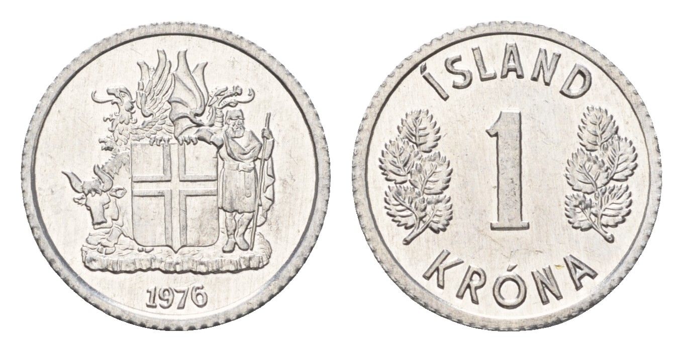 Исландия 1 крона 1976 KM 23 алюминий UNC 4687-761
