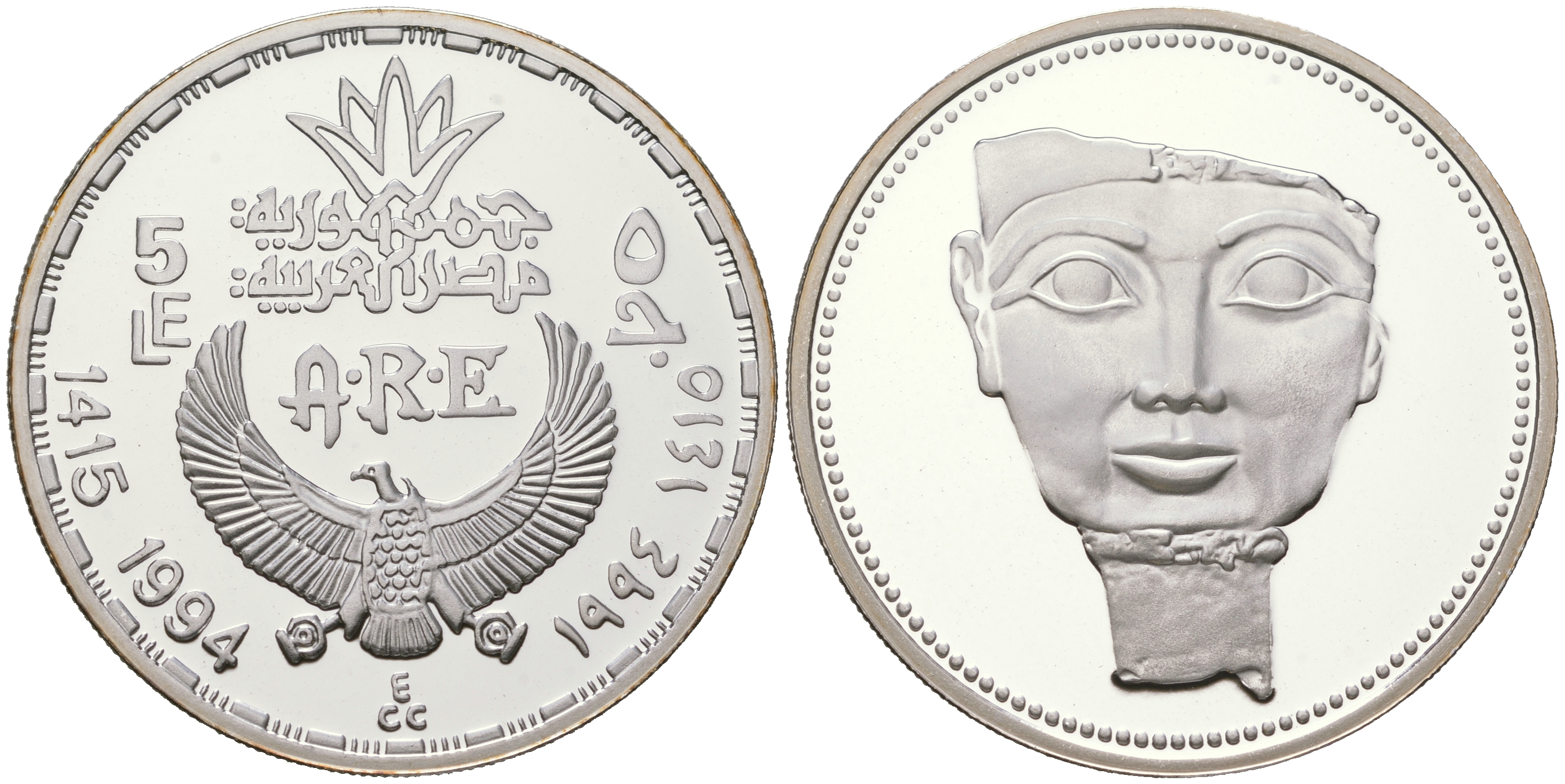 Египет 5 фунтов 1994 ритуальная маска царицы Хатшепсут KM 790 серебро  PROOF  11-163-21