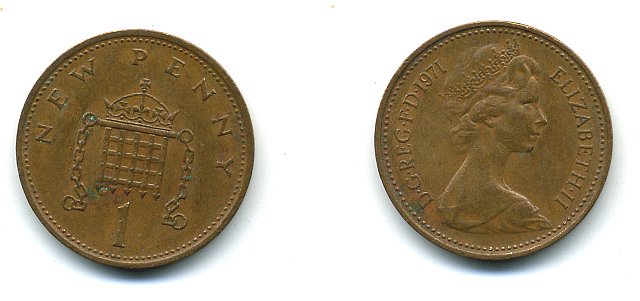 Великобритания 1 пенни 1971 Елизавета II (1952-2022) KM 915, Spink 4237 (B1) бронза 4110-735