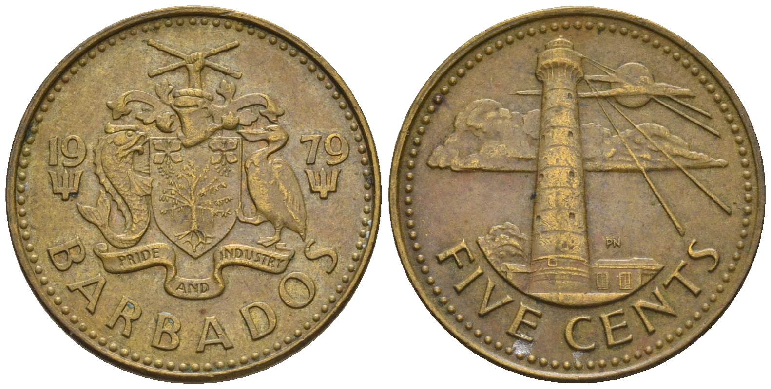 Барбадос 5 центов 1979 маяк Саут-Пойнт KM 11 латунь 87-227