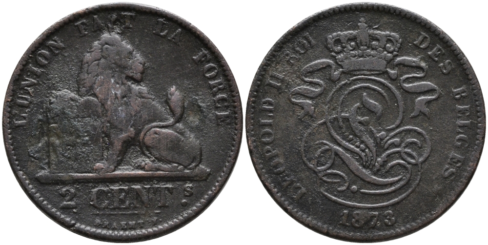 Бельгия 2 сантима 1873 Des Belges, Леопольд II (1865-1909) KM 35.1 медь 95-713