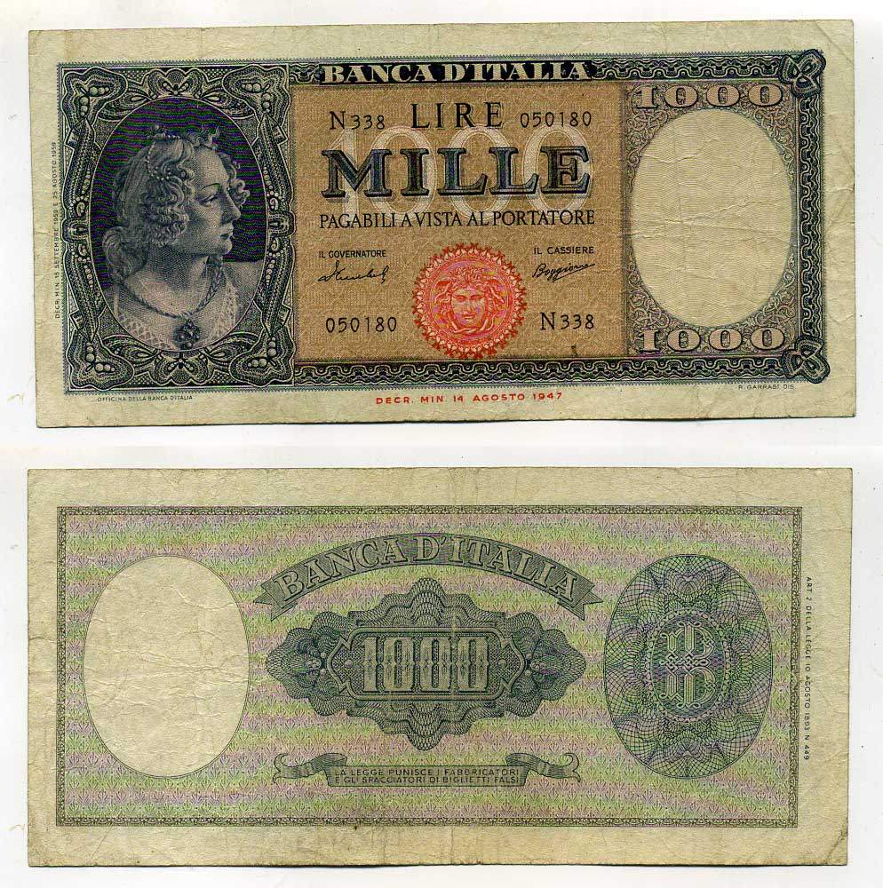 Италия 1000 лир 1959 изображение одной из трех граций (Сандро Боттичели) Pick 88c 450-78-2