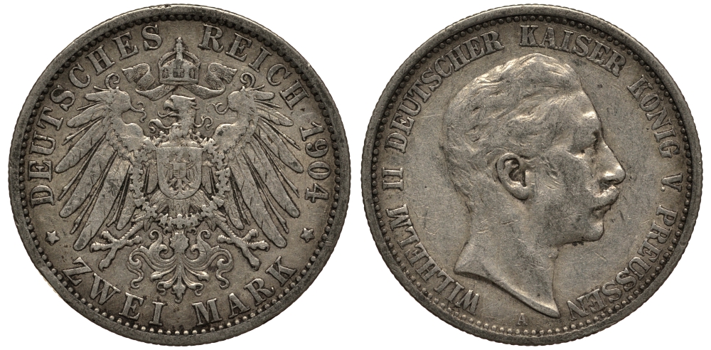 Пруссия 2 марки 1904 A, Вильгельм II (1888-1918) J.102, Weege 101, KM 522 серебро 3711-732