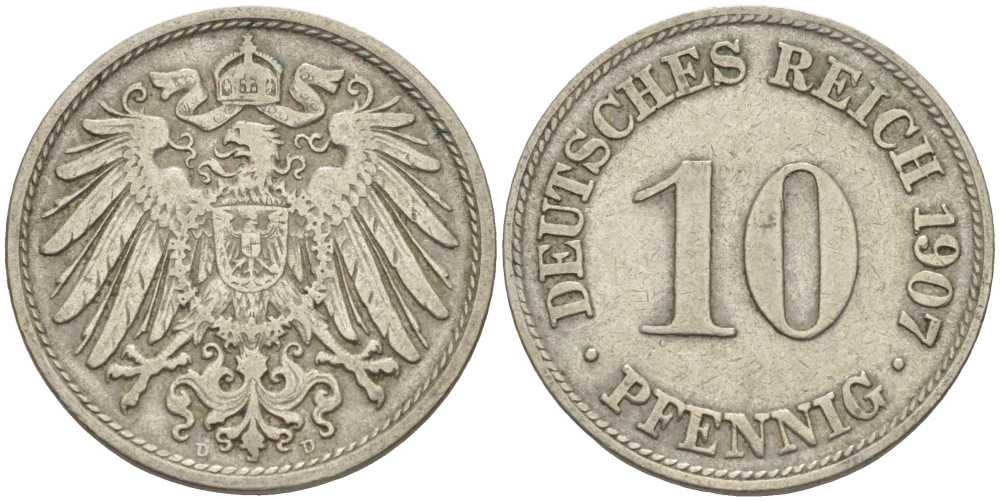 Германия 10 пфеннигов 1907 D KM 12, J. 13 медно-никель 31-111