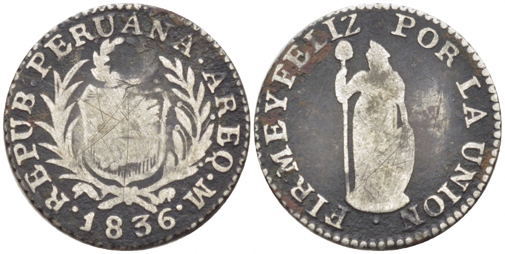 Перу 1/2 реала 1836 М, год тип KM 144.4 серебро 1517-721