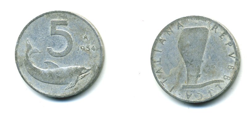 ИТАЛИЯ 5 ЛИР 1954 R, РУЛЬ, ДЕЛЬФИН KM 92 алюминий 23-1123