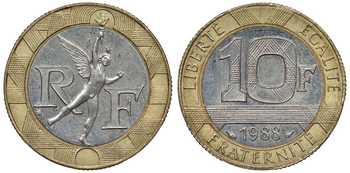 Франция 10 франков 1988 тип гений Бастилии KM 964.1, Le Franc 375.2 биметалл 4128-513