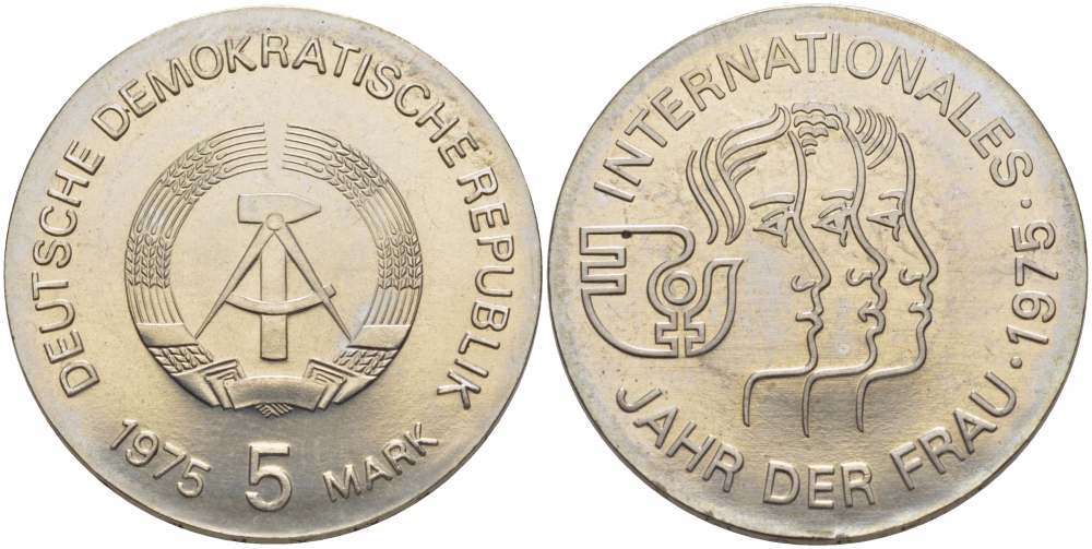 ГДР 5 МАРОК 1975 А, МЕЖДУНАРОДНЫЙ ГОД ЖЕНЩИН KM 55 медно-никель UNC 272-1044