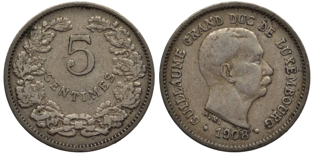 Люксембург 5 сантимов 1908 Вильгельм IV (1905-1912) KM 26 медно-никель 4549-919