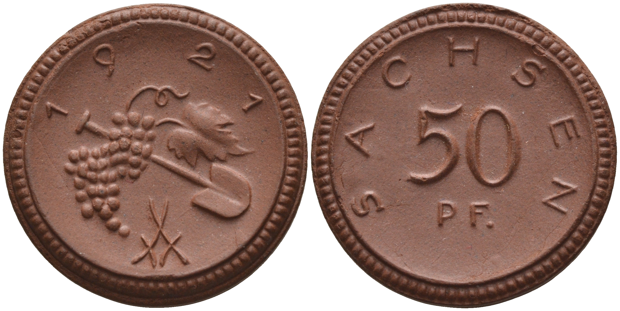 Саксония 50 пфеннигов 1921 виноград и лопата J. N 54 фарфор 1094-5-24