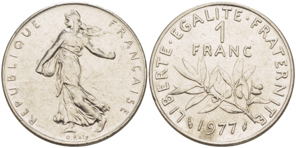 ФРАНЦИЯ 1 ФРАНК 1977 СЕЯТЕЛЬ KM 925.1, LE FRANC 226.22 никель 4402-1126