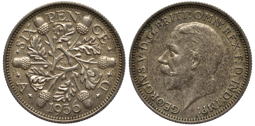 Великобритания 6 пенсов 1936 Георг V (1910-1936) KM 832, Spink 4041 серебро 4538-412