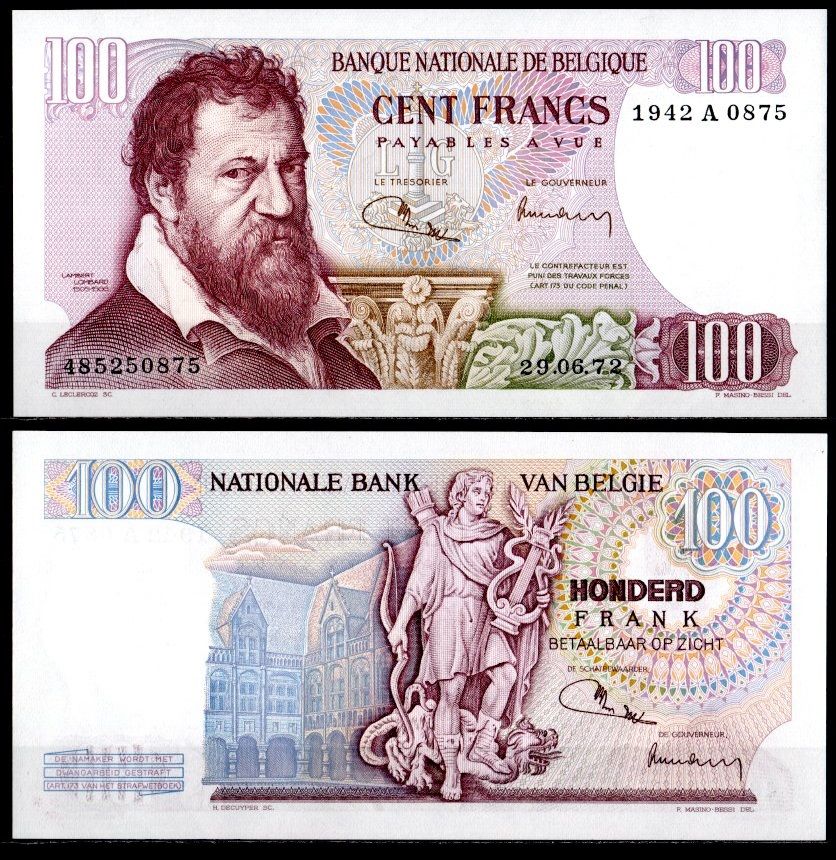 Бельгия 100 франков 1972 Pick 134 b (2) бумага UNC (пресс) 451-1085-1