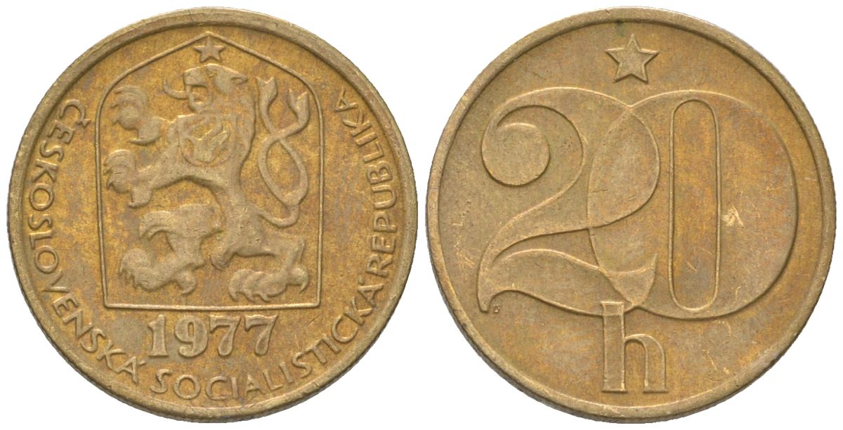 Чехословакия 20 геллеров 1977 KM 74 латунь 4115-822