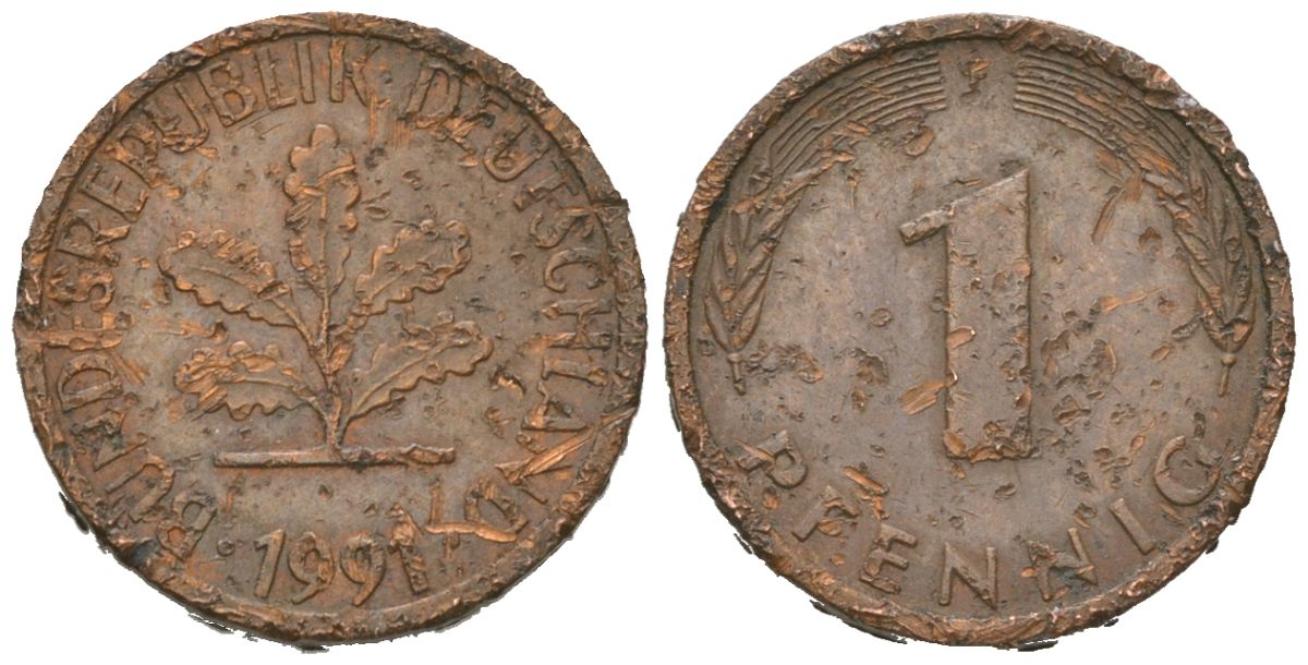 Германия 1 пфенниг 1991 J KM 105 сталь плакированная медью 4532-222