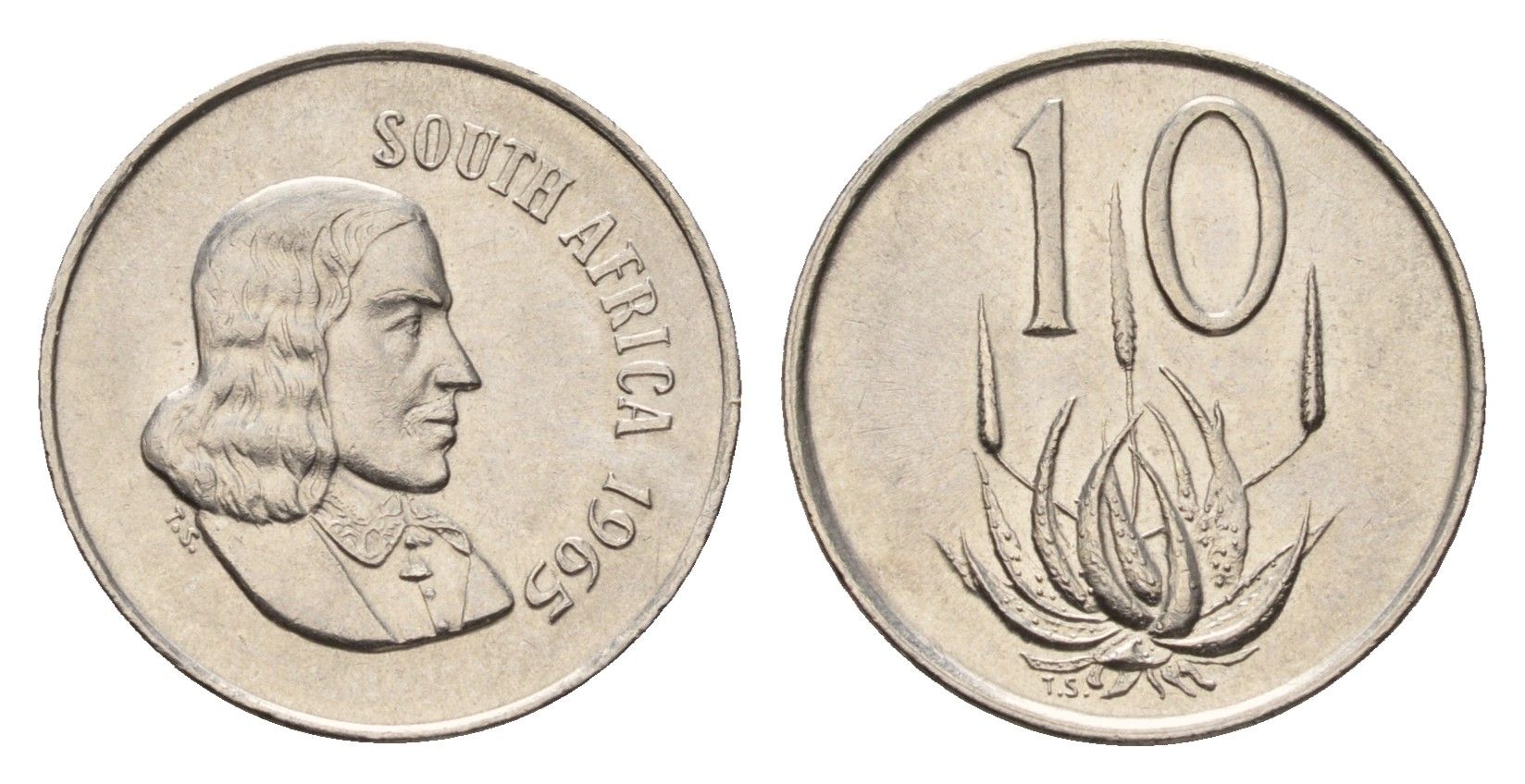 ЮАР 10 центов 1965 Ян ван Рибек (1619-1677), South Africa, легенда на африкаанс, цветок алоэ KM 68.1 никель UNC 4679-149