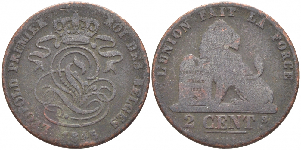 БЕЛЬГИЯ 2 САНТИМА 1845 BELGES KM 4.2 медь 110-533