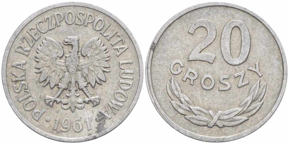 Польша 20 грошей 1961 MW KM А47, Parchimowicz 208b алюминий 60-823