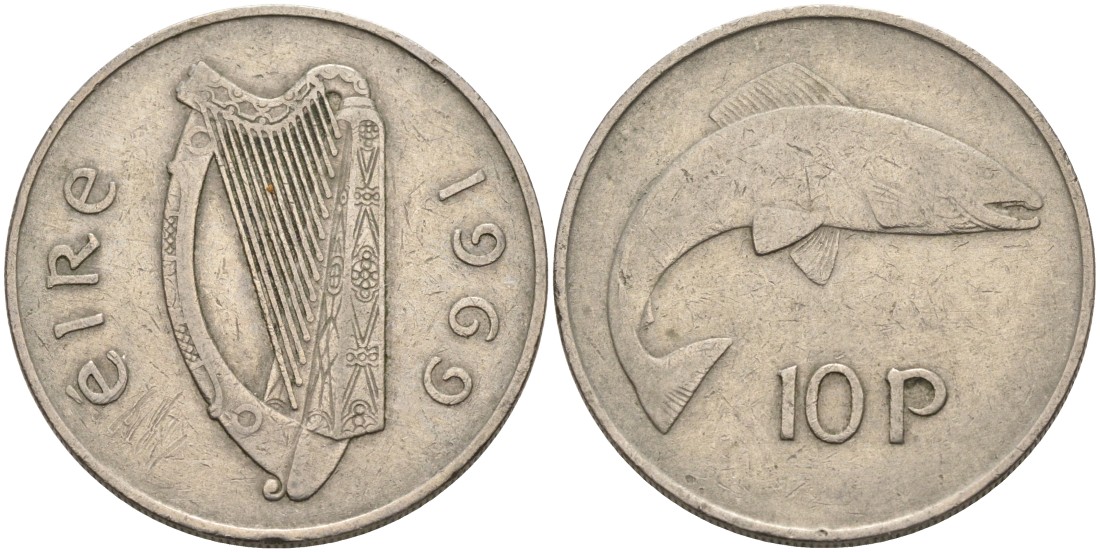 Ирландия 10 пенсов 1969 лосось KM 23 медно-никель 88-726