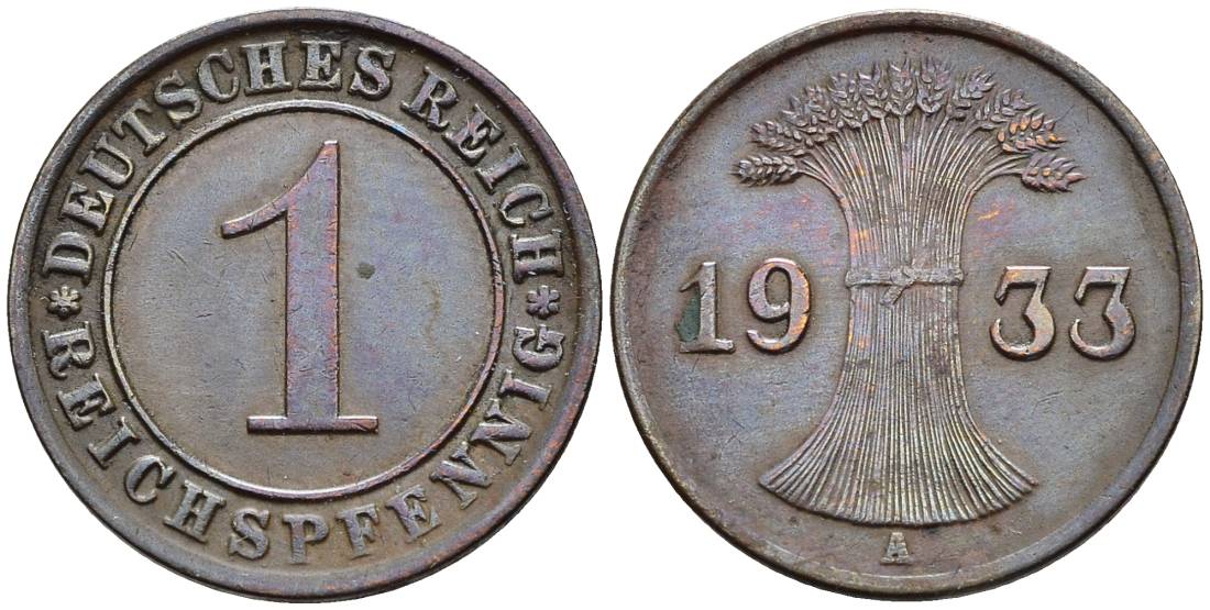 ГЕРМАНИЯ 1 РЕЙХСПФЕННИГ 1933 A KM 37, J. 313, Weege 2 бронза 4547-164