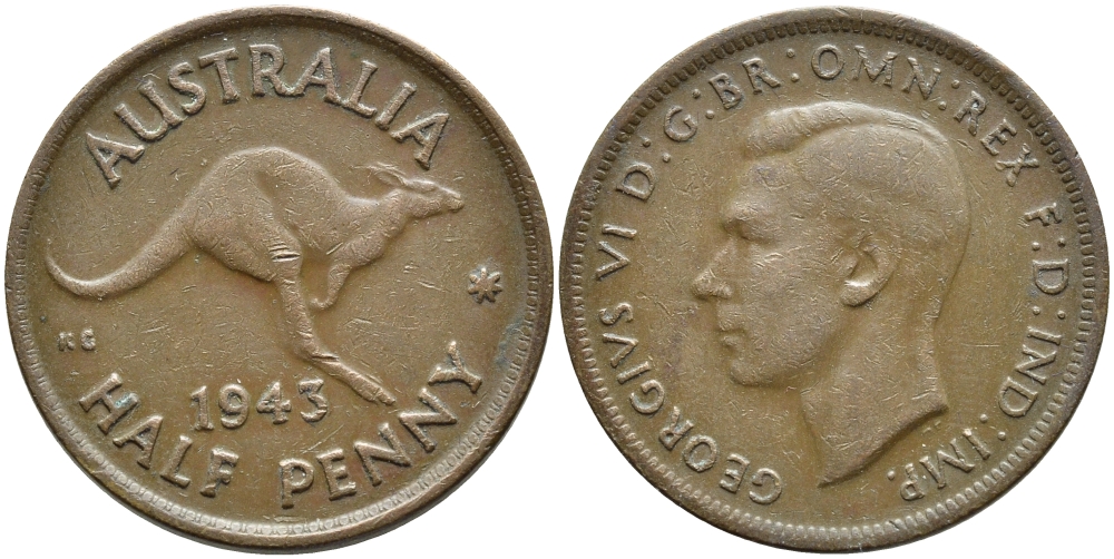 АВСТРАЛИЯ 1/2 ПЕННИ 1943 m, ГЕОРГ VI (1936-1952), КЕНГУРУ KM 41 бронза 4390-613