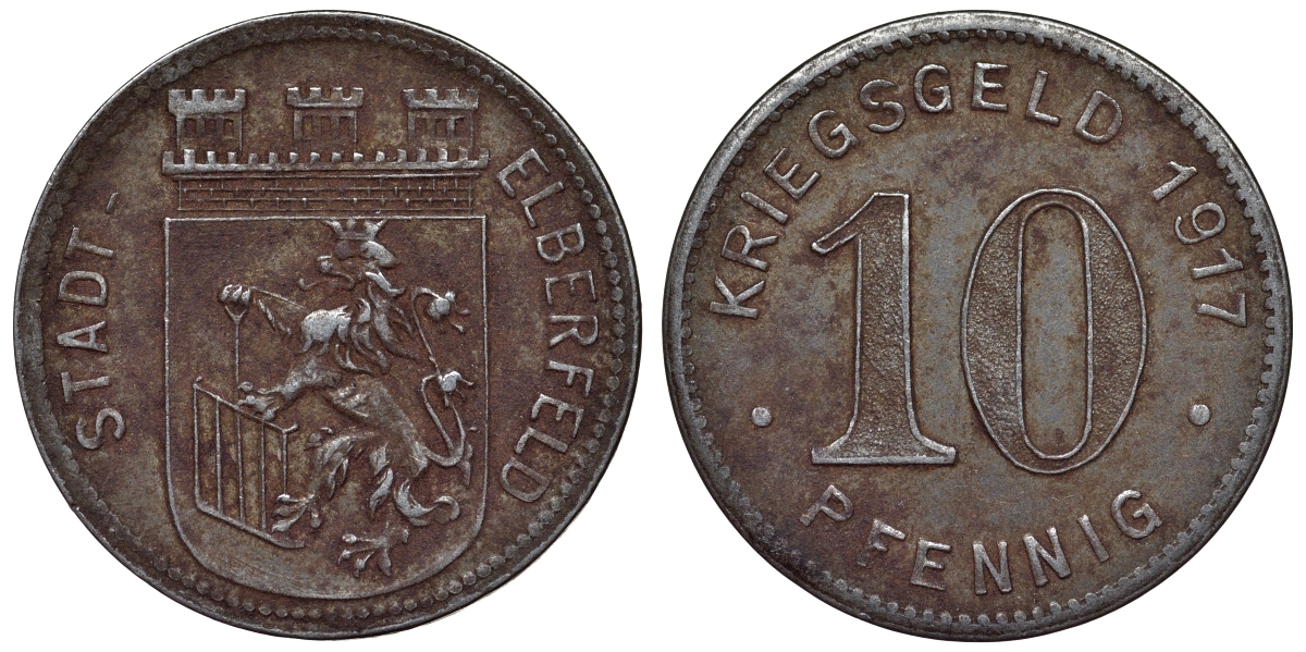 Германия, округ Эльберфельд 10 пфеннигов 1917 Вупперталь, Северный Рейн-Вестфалия, нотгельд Funck 111.2? железо 4119-453