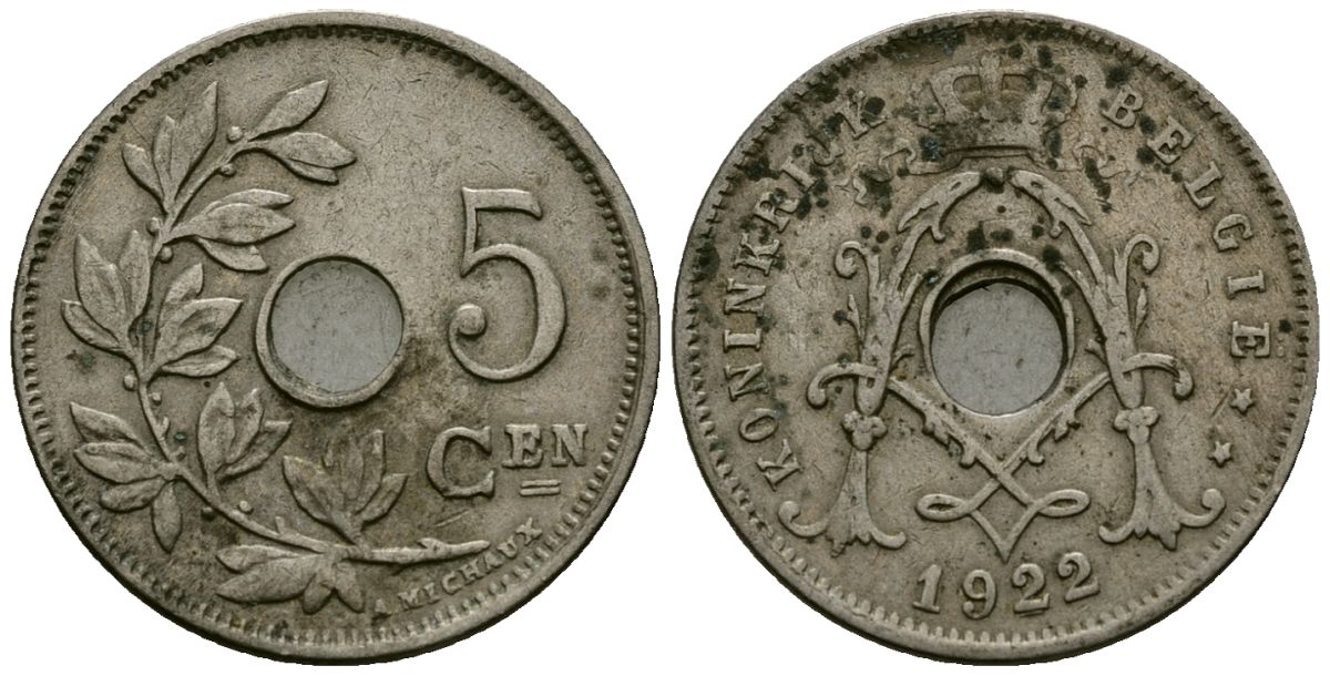 Бельгия 5 сантимов 1922 Belgie KM 67 медно-никель 4173-252